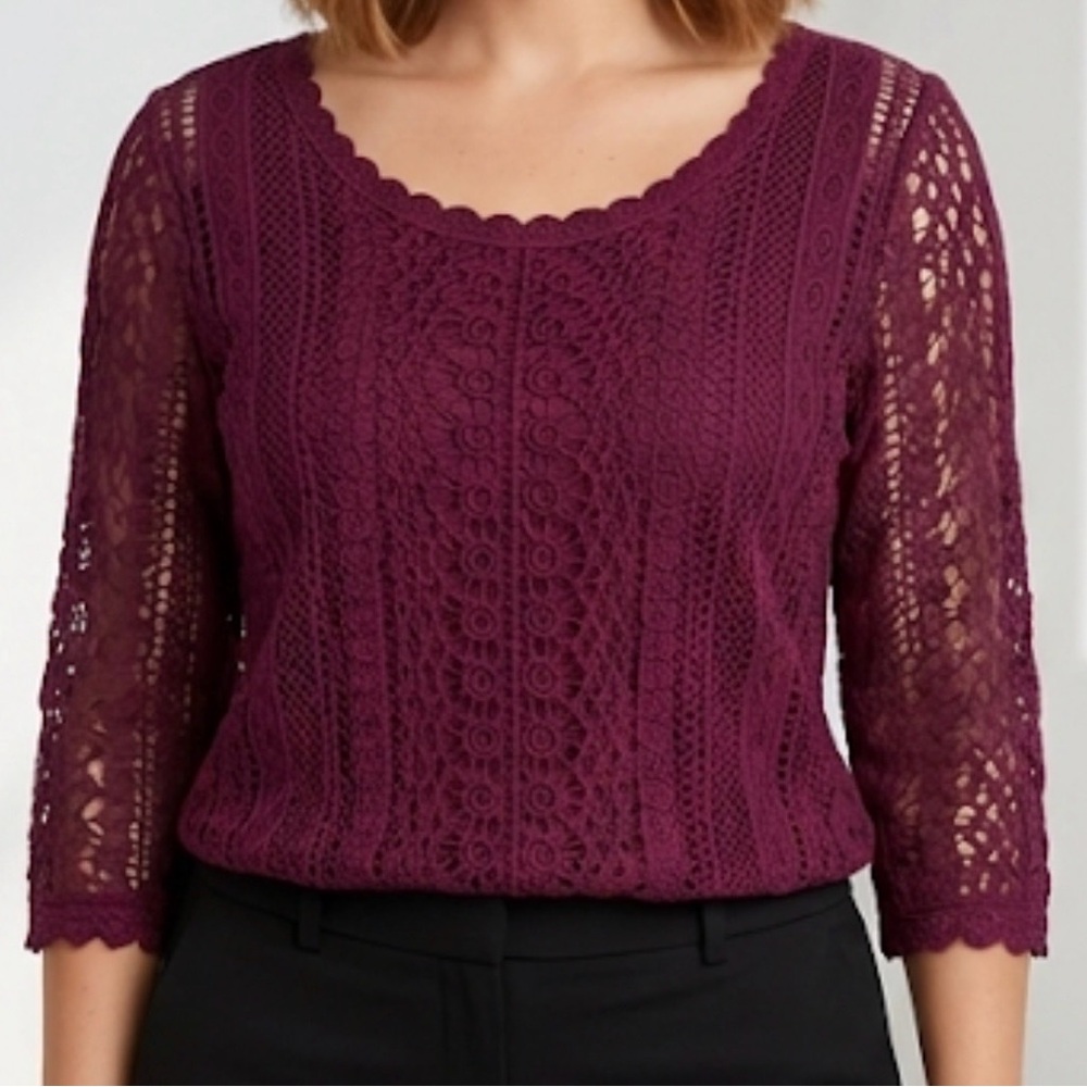 Christopher & Banks Plum Crochet Lace 3/4 Sleeve Lined Top - Small